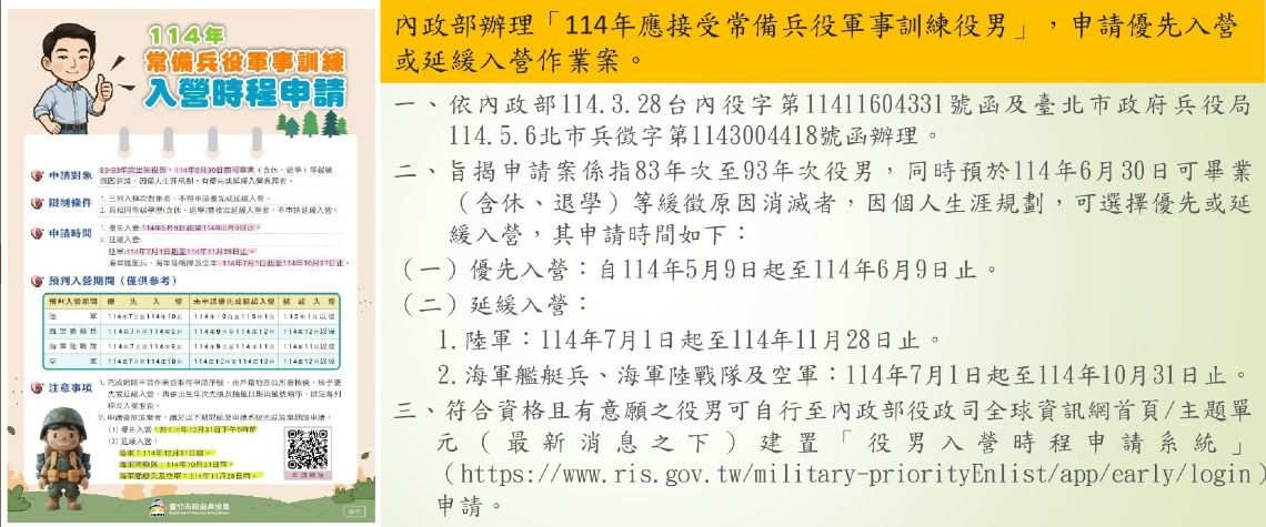 114年應接受常備兵役軍事訓練役男，申請優先入營或延緩入營作業